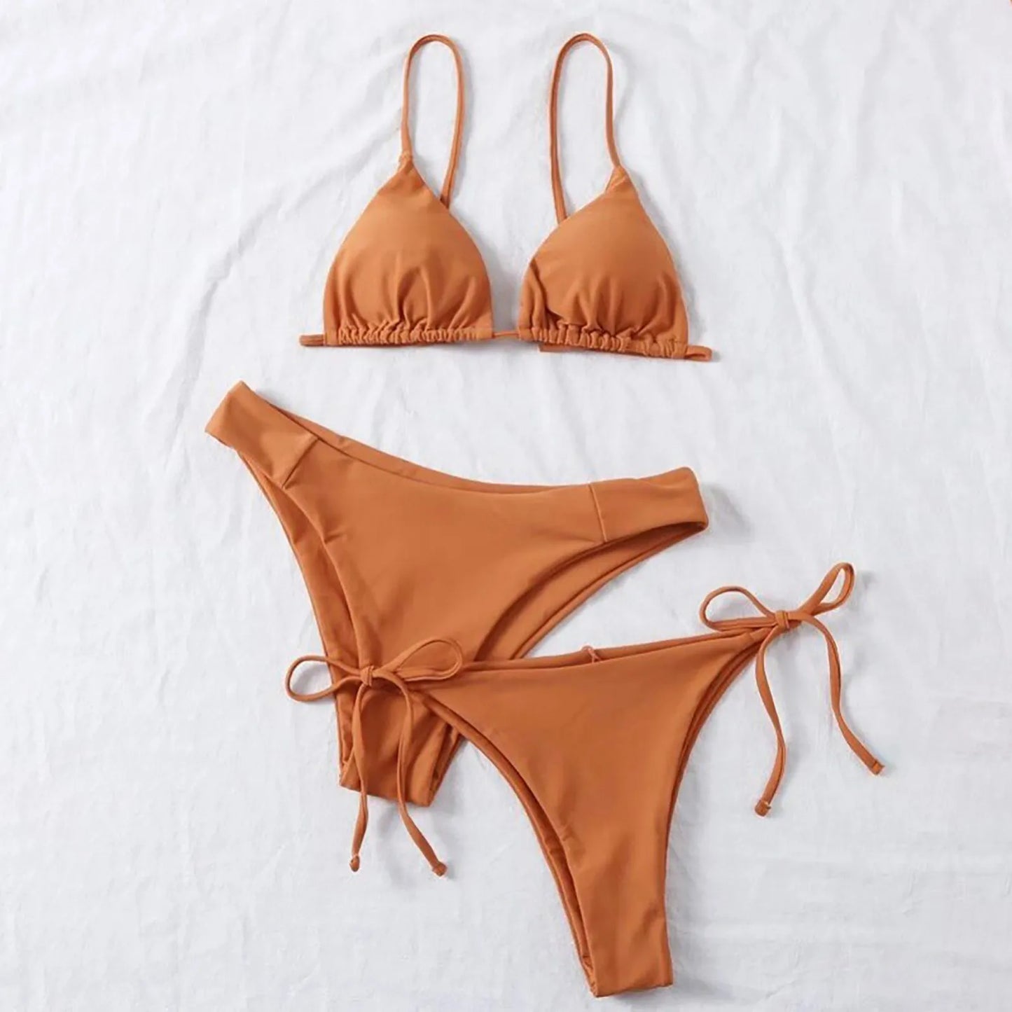 Women's Summer Fashion Sexy Basic Solid Color Backless Lace-up High Waist Adjust Buckle Sling Bikini Three-pieces Swimsuit