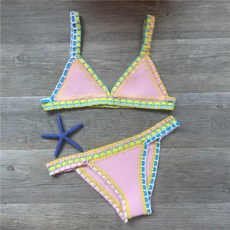 Pink Crochet Bikini 2025 Sexy Women Swimsuit Female Swimwear Micro Bikini Set Bandeau Swimming Suit Beachwear Brazilian Biquini