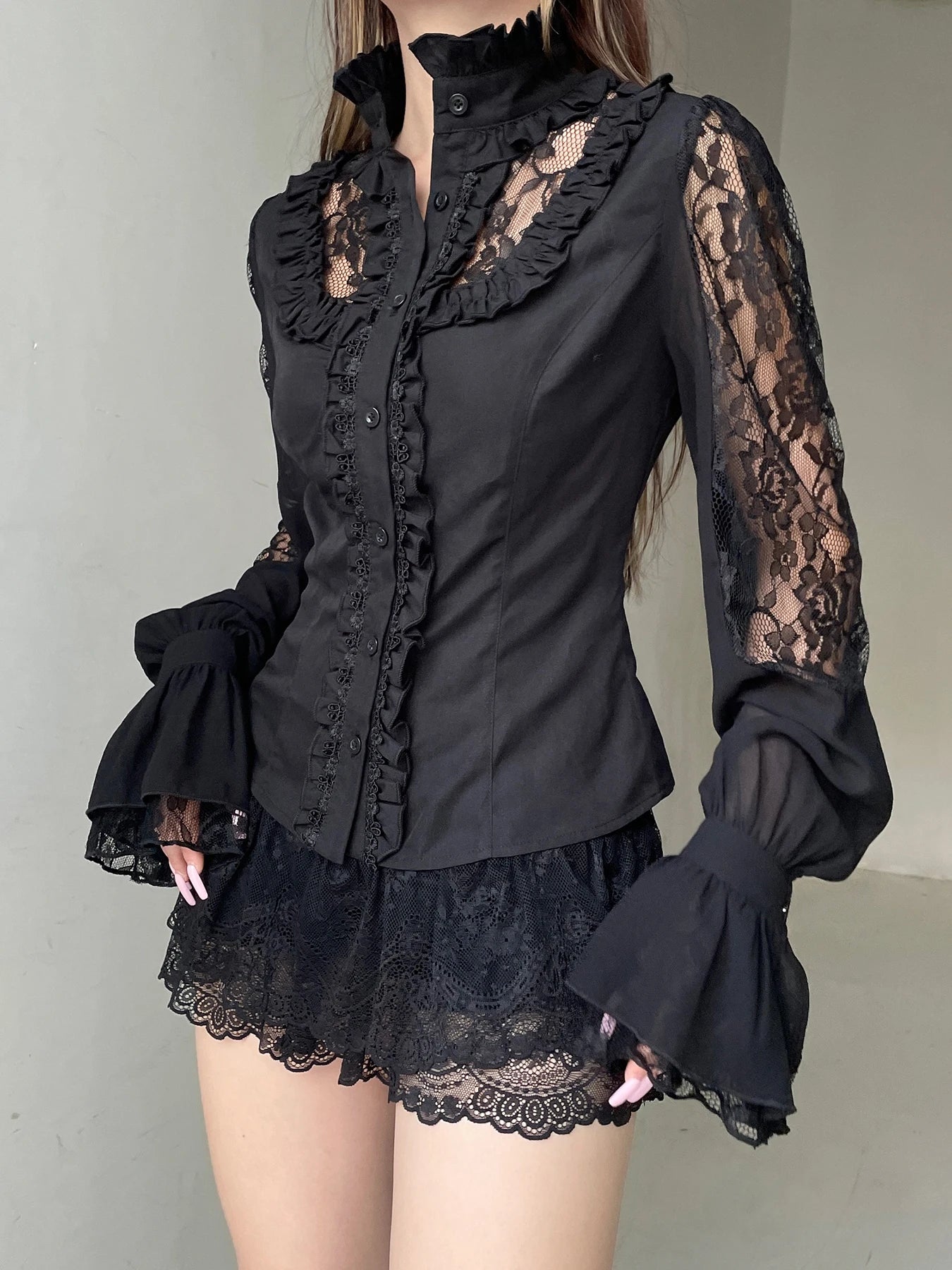 IAMSURE Vintage Dark Patchwork Lace Blouse Gothic See Through Turtleneck Long Sleeve Shirts Women 2025 Spring Autumn Streetwear