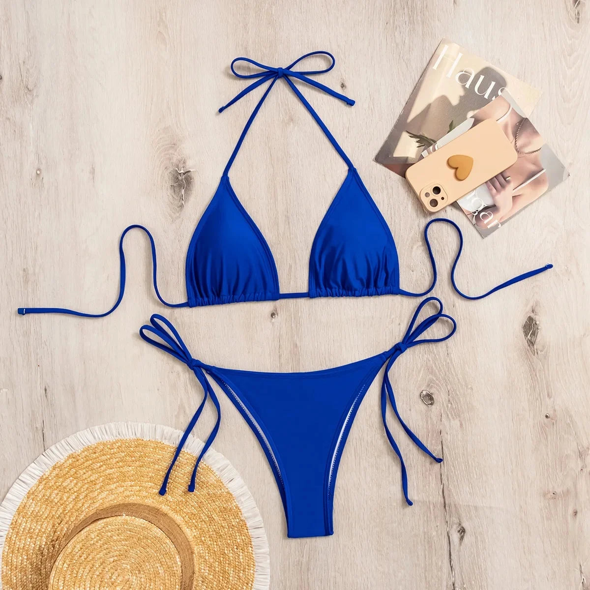 Sensual Pure Color Bikini Set Women's Two-Piece Swimsuit with Waist Belts Backless Slimming Cross-Border Swimwear
