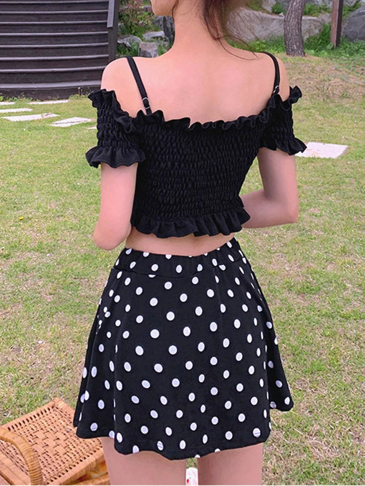 OIINAA Swimwear Women Halter Slash Neck Bikini Set Pleated Ruffled High Waist Dot Skirt Summer 2025 Vintage Hot Spring Swimwear