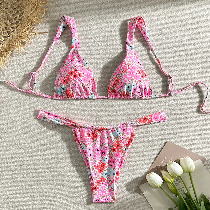 Sexy Pink Floral Print Bikini Set 2025 Women Halter Push Up Bra Pleate Thong Swimsuit Summer Bathing Suit Triangle Swimwear