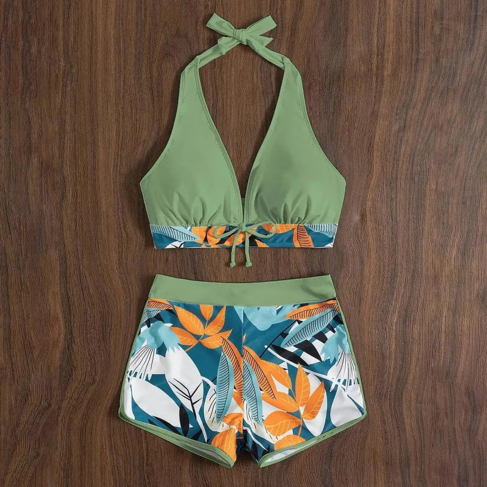2 Pcs/Set Women Bra Shorts Set Backless Leaf Print Deep V Neck Drawstring Bathing Suit High Waist Padded Lady Swimwear