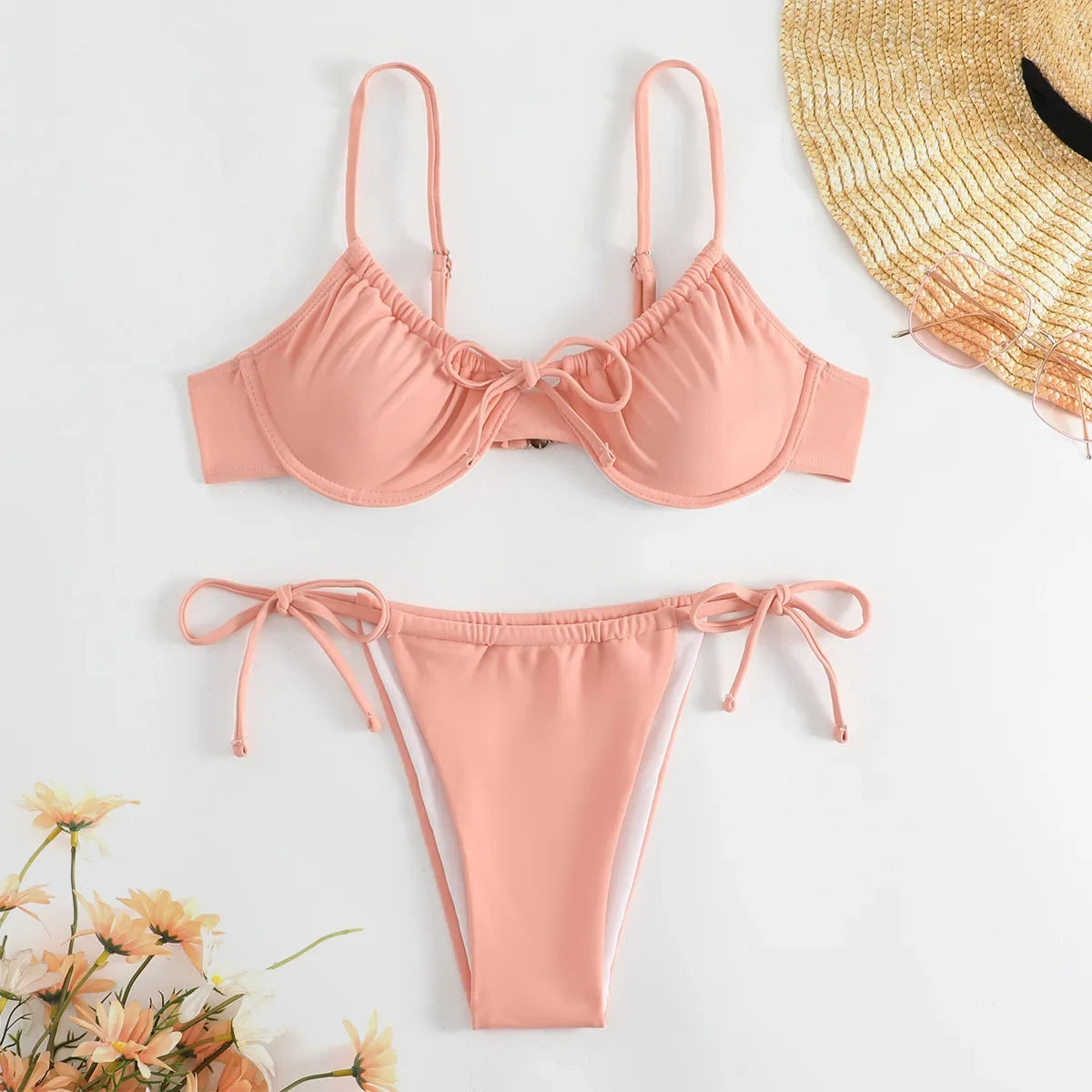 Sexy Bikini Set Women Bathing Suit Solid Pleated Lace Up Thong Split Micro Bikini Summer 2025 New Beach Wear Two Pieces Swimwear
