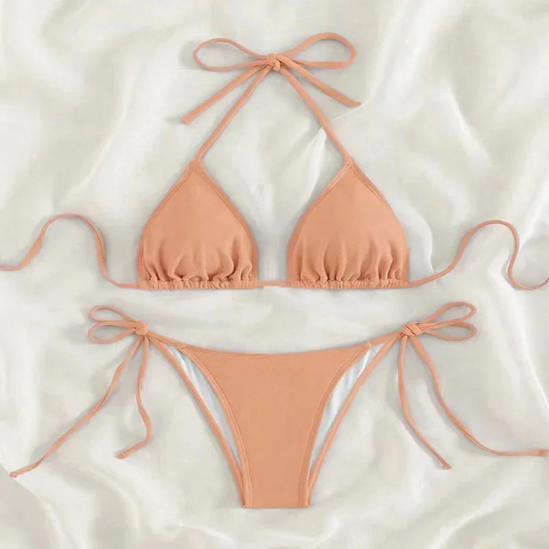 Sensual Pure Color Bikini Set Women's Two-Piece Swimsuit with Waist Belts Backless Slimming Cross-Border Swimwear
