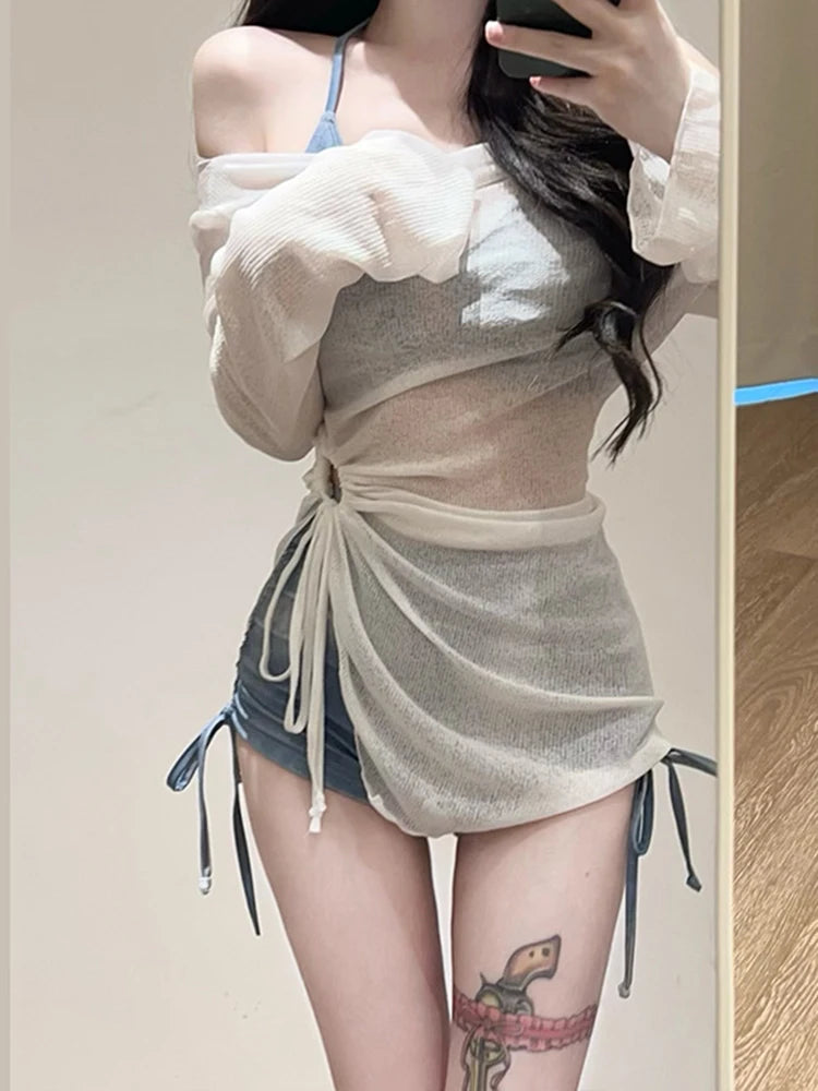 OIINAA Swimsuit Women Neck-mounted Print Hot Spring Swimwear High Waist Drawstring Bikini Set Cover-Ups Wrap Skirt Summer 2025