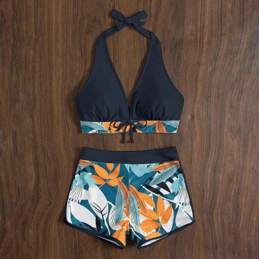 2 Pcs/Set Women Bra Shorts Set Backless Leaf Print Deep V Neck Drawstring Bathing Suit High Waist Padded Lady Swimwear