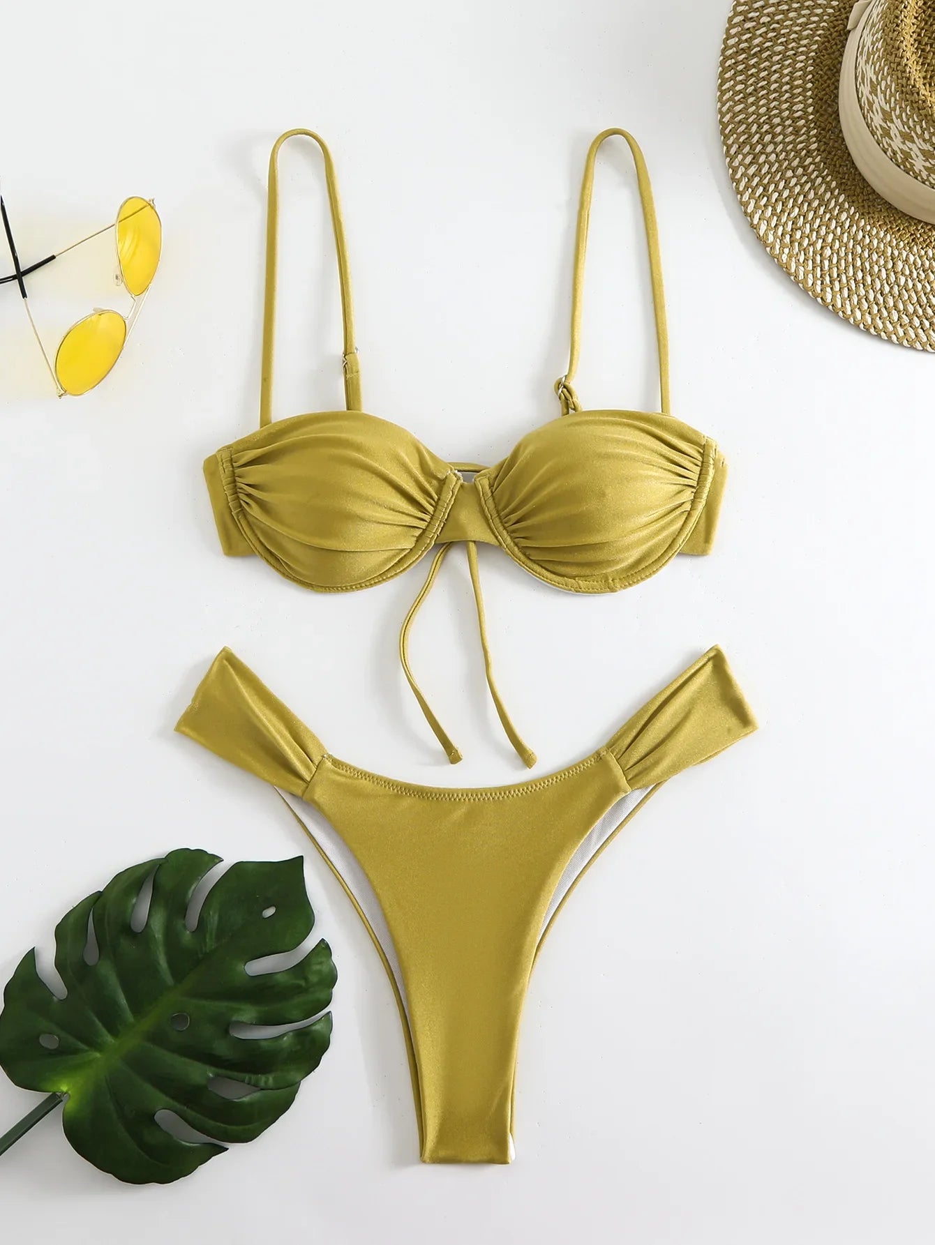 Sexy Bikini Set Women Bathing Suit Solid Pleated Lace Up Thong Split Micro Bikini Summer 2025 New Beach Wear Two Pieces Swimwear
