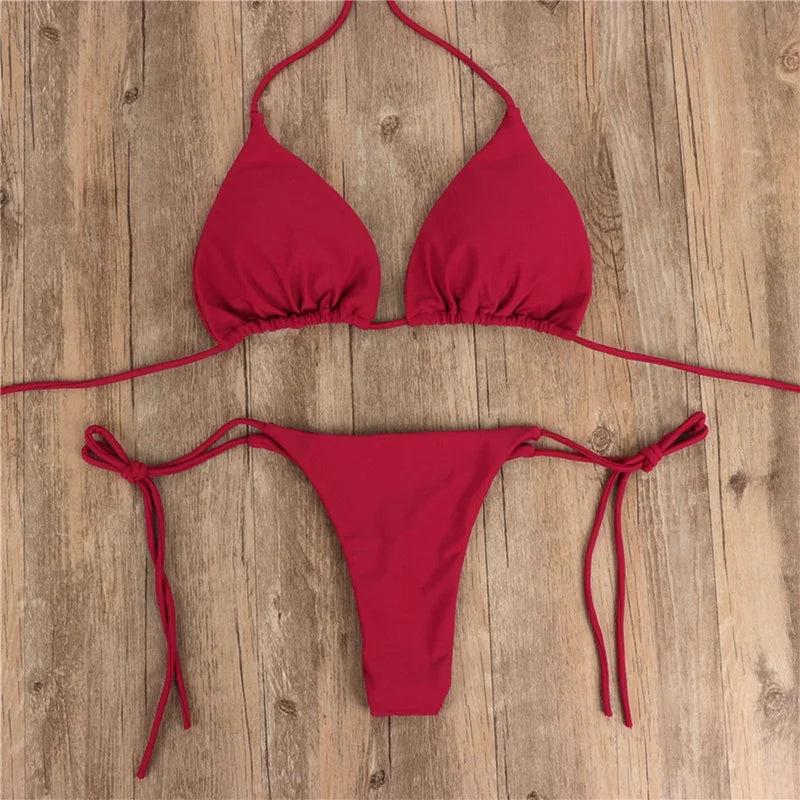 Swimming Suit Sexy Women 2-pcs Swimwear Lace Up Bra Thong Beach Set Solid Bathing Summer Casual Vacation Ladies Outfits 2024