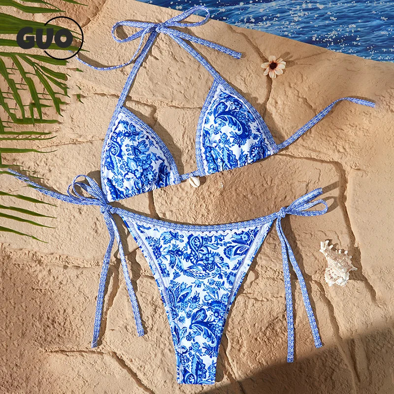 Blue White Porcelain Printing Halter String Triangle Two Piece Bikini Women Swimsuit Separate Beach Wear Adjust Lace-up Swimsuit