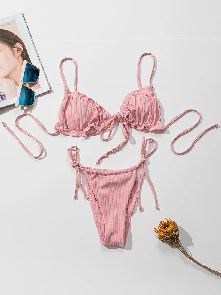 New 2025 Sexy Swimsuit Pit stripe Bikini Women Swimwear Bathing Suits Push Up Biquinis Bandage Beachwear Solid Bikini Sets