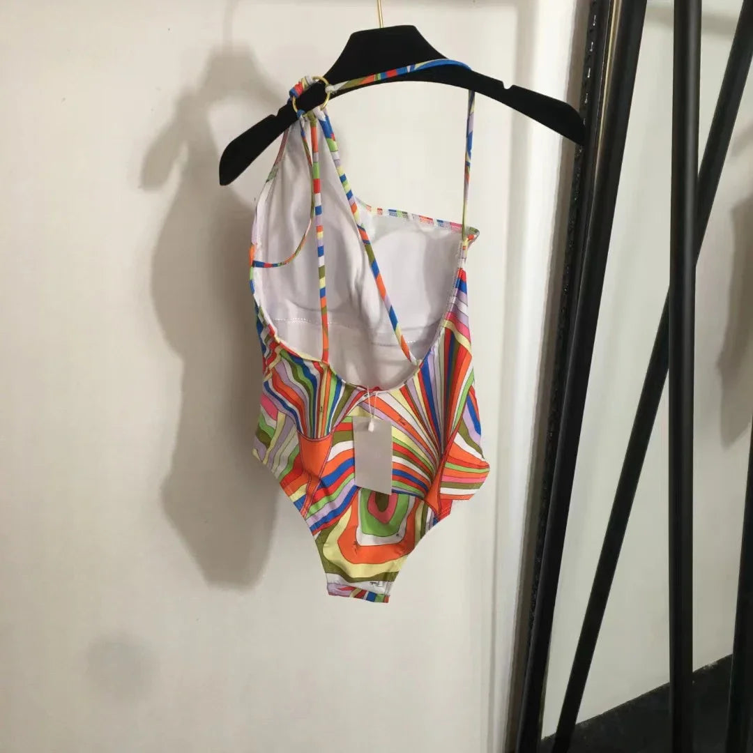 European Luxury Design Women's One-piece Swimsuits Striped Letter Print Swimwear Fashion Brand Women's Sexy Beach Bikini Sets
