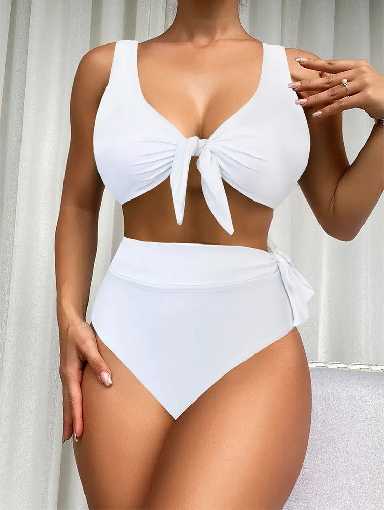 Sexy Solid V-neck High Waist Bikini Sets Reversible Knot Bottom Swimsuit Two Pieces Swimwear Women 2023 Beach Bathing Suits