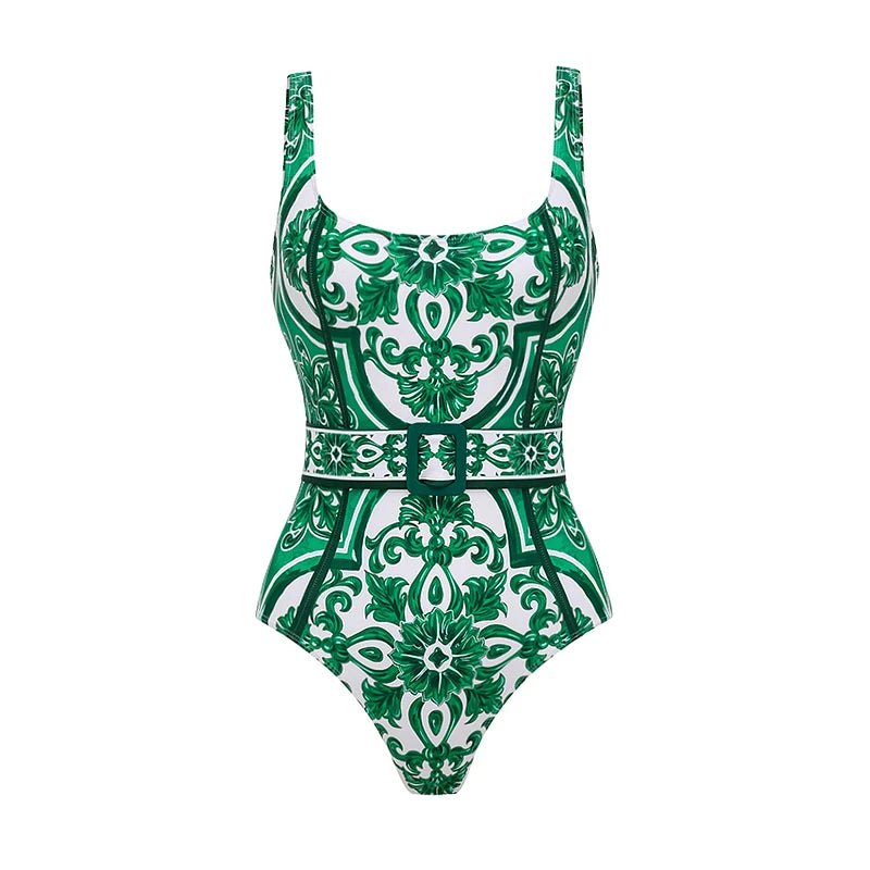 2024 Vintage Pattern Printed One Piece Swimsuit Swimwear Bikini Set Women Beachwear Clearance Wholesale