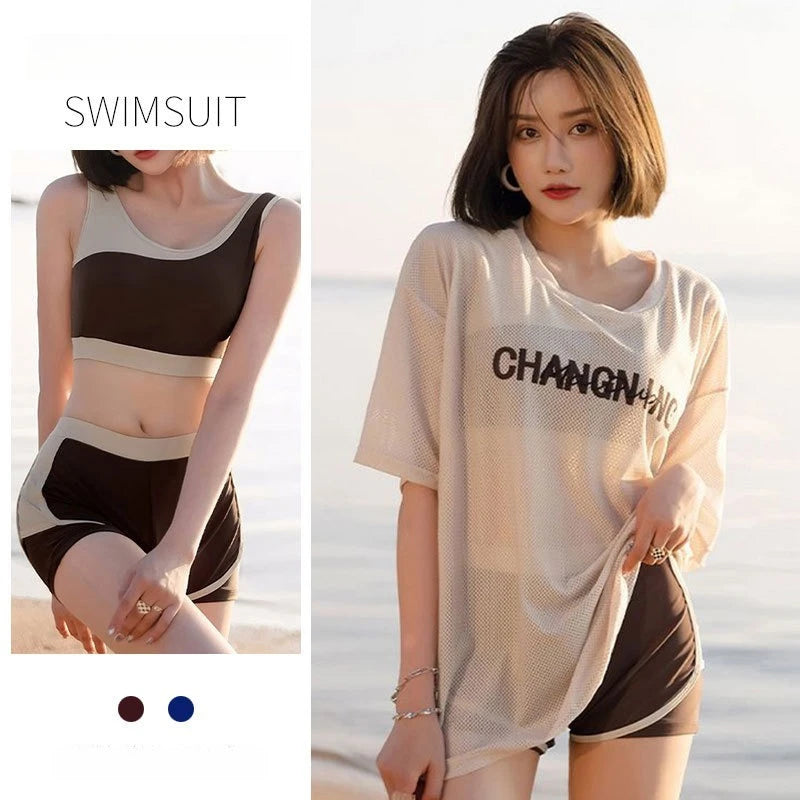 Split Swimsuit Women's Summer 2025New Conservative and Thin Sunscreen Flat Angle 3-piece Sports Swimsuit Bathing Suit Bikini Set