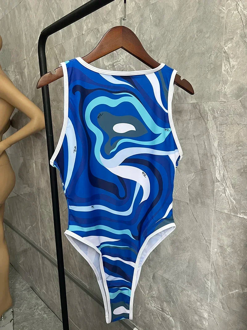 European Luxury Design Women's One-piece Swimsuits Striped Letter Print Swimwear Fashion Brand Women's Sexy Beach Bikini Sets