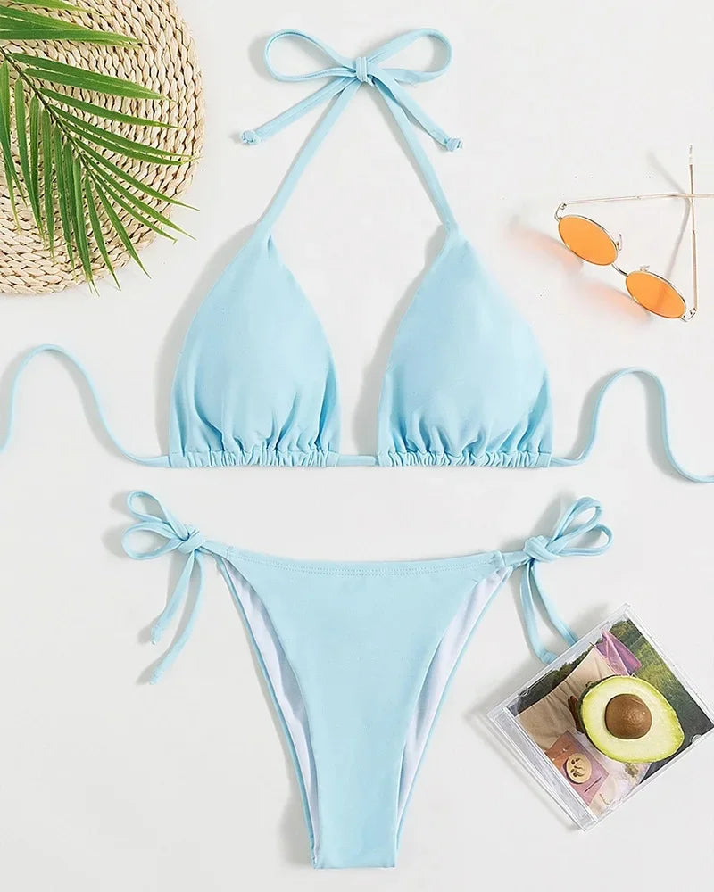 Sensual Pure Color Bikini Set Women's Two-Piece Swimsuit with Waist Belts Backless Slimming Cross-Border Swimwear