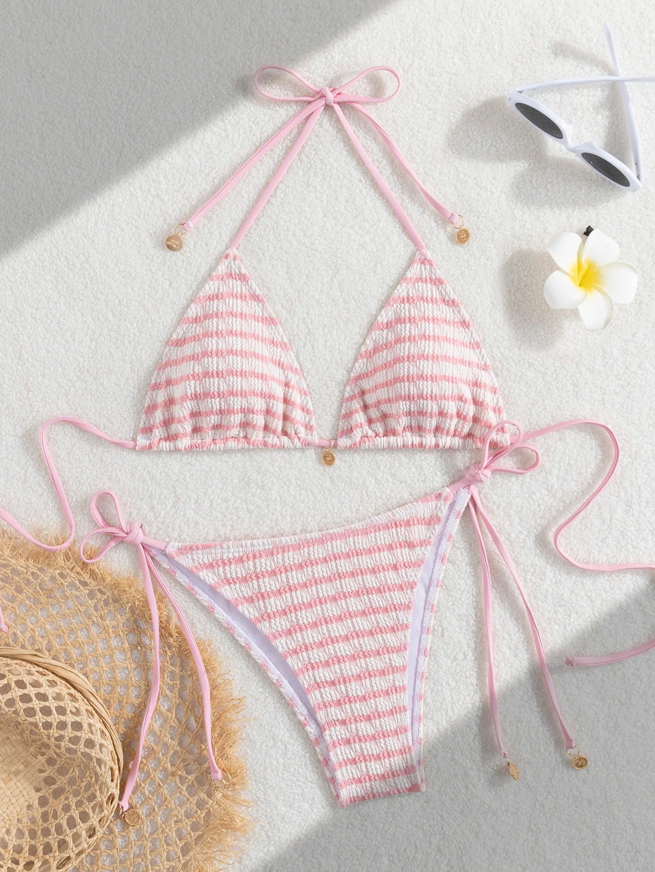 Ladies' striped and water ripple split swimsuit sexy bikini SexHy bikini swimsuit color blocking fashion high-end hot spring par