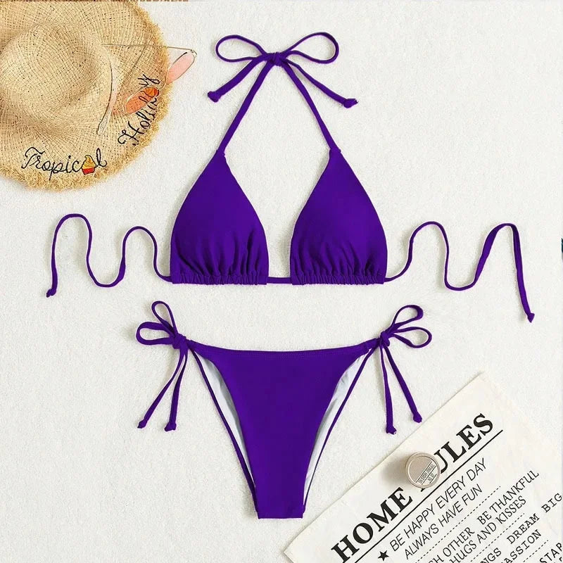 Sensual Pure Color Bikini Set Women's Two-Piece Swimsuit with Waist Belts Backless Slimming Cross-Border Swimwear