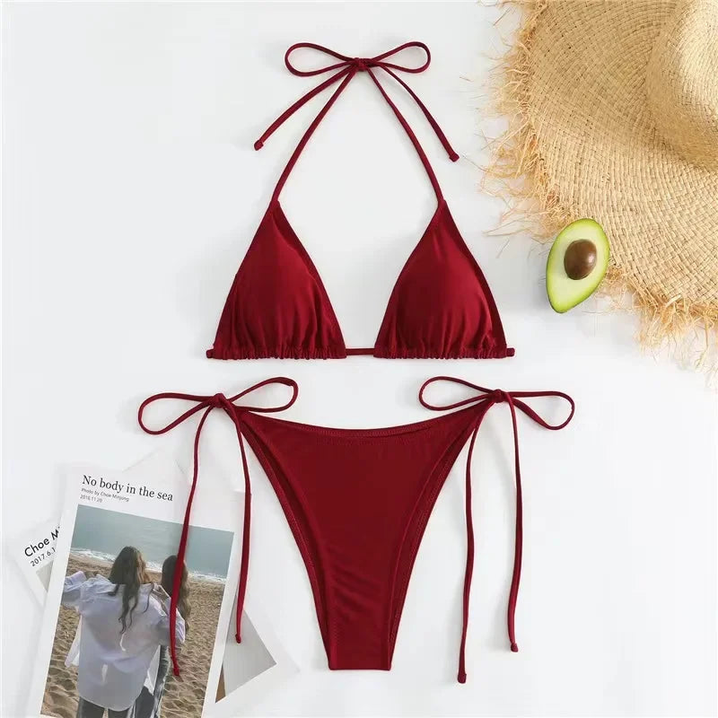 Sensual Pure Color Bikini Set Women's Two-Piece Swimsuit with Waist Belts Backless Slimming Cross-Border Swimwear