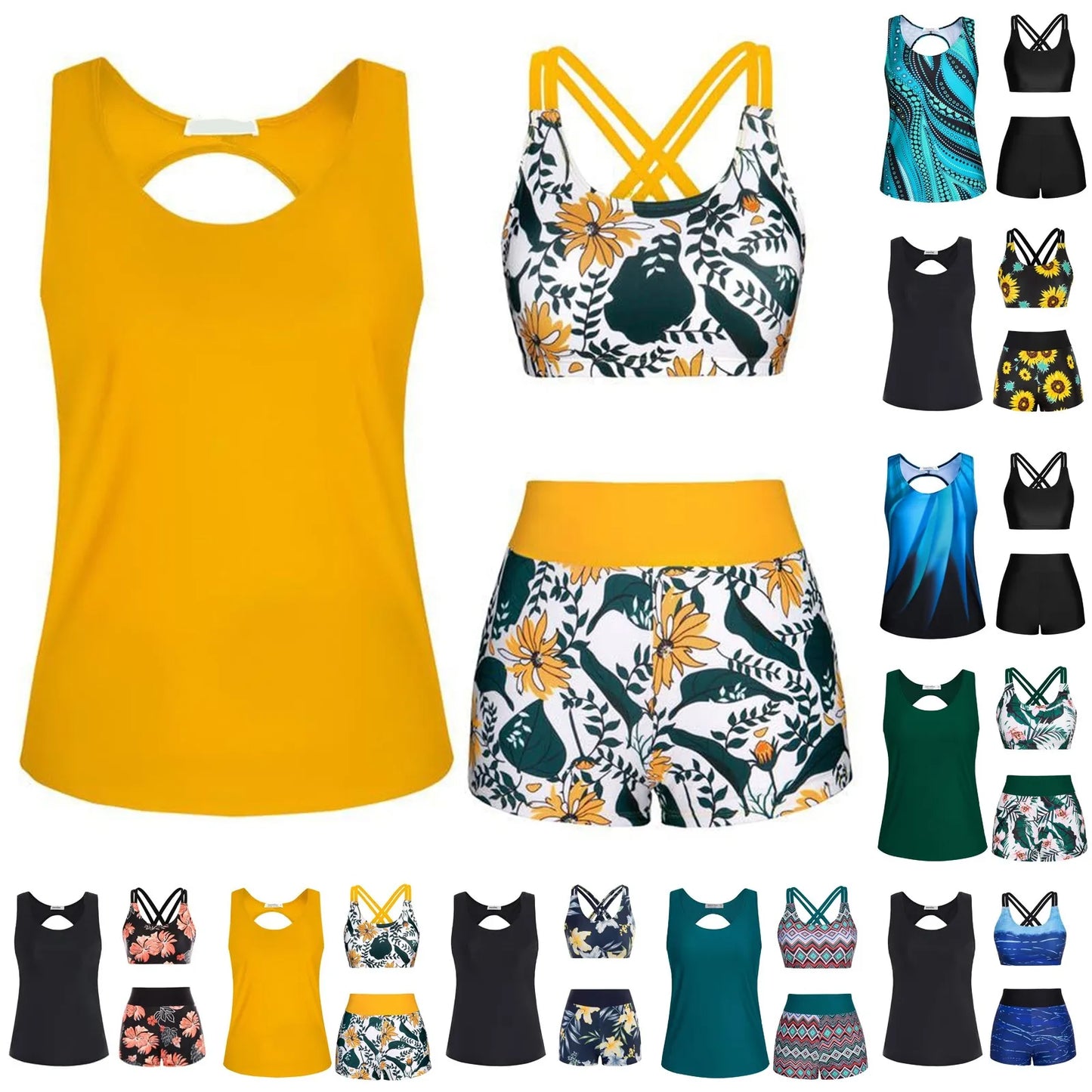 Women's Beach Swimsuit Three Piece Set Floral Printed Separate Three Piece Swimsuits With Bra Pads No Steel Bra Sexy Bikini Se