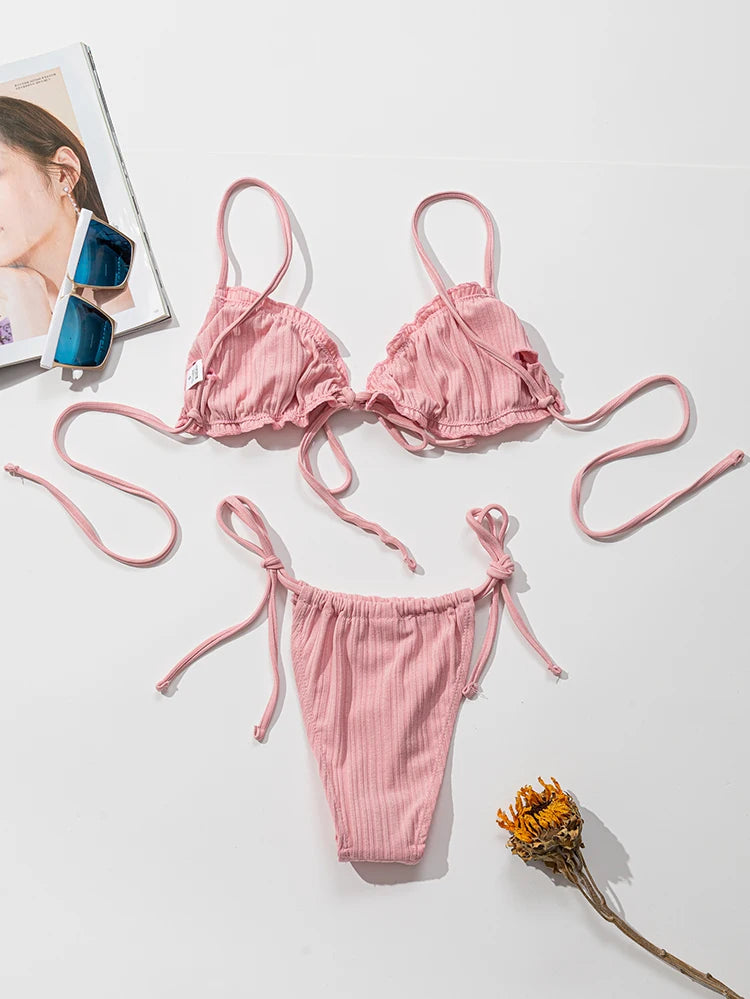 New 2025 Sexy Swimsuit Pit stripe Bikini Women Swimwear Bathing Suits Push Up Biquinis Bandage Beachwear Solid Bikini Sets