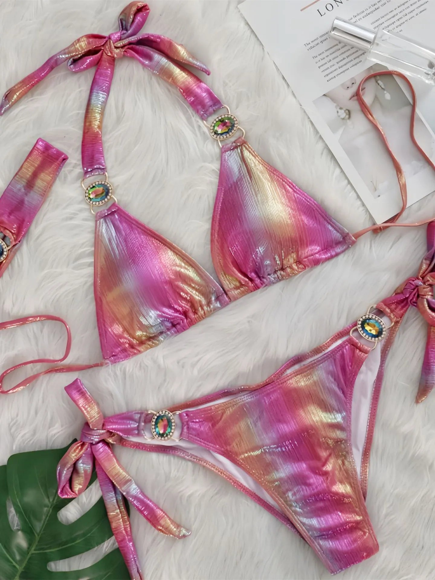 Sexy Pink Gradient Bikini Set 2025 Women Luxury Rhinestone Push Up Band 3 Piece Swimsuit Bathing Suit Diamond Thong Swimwear