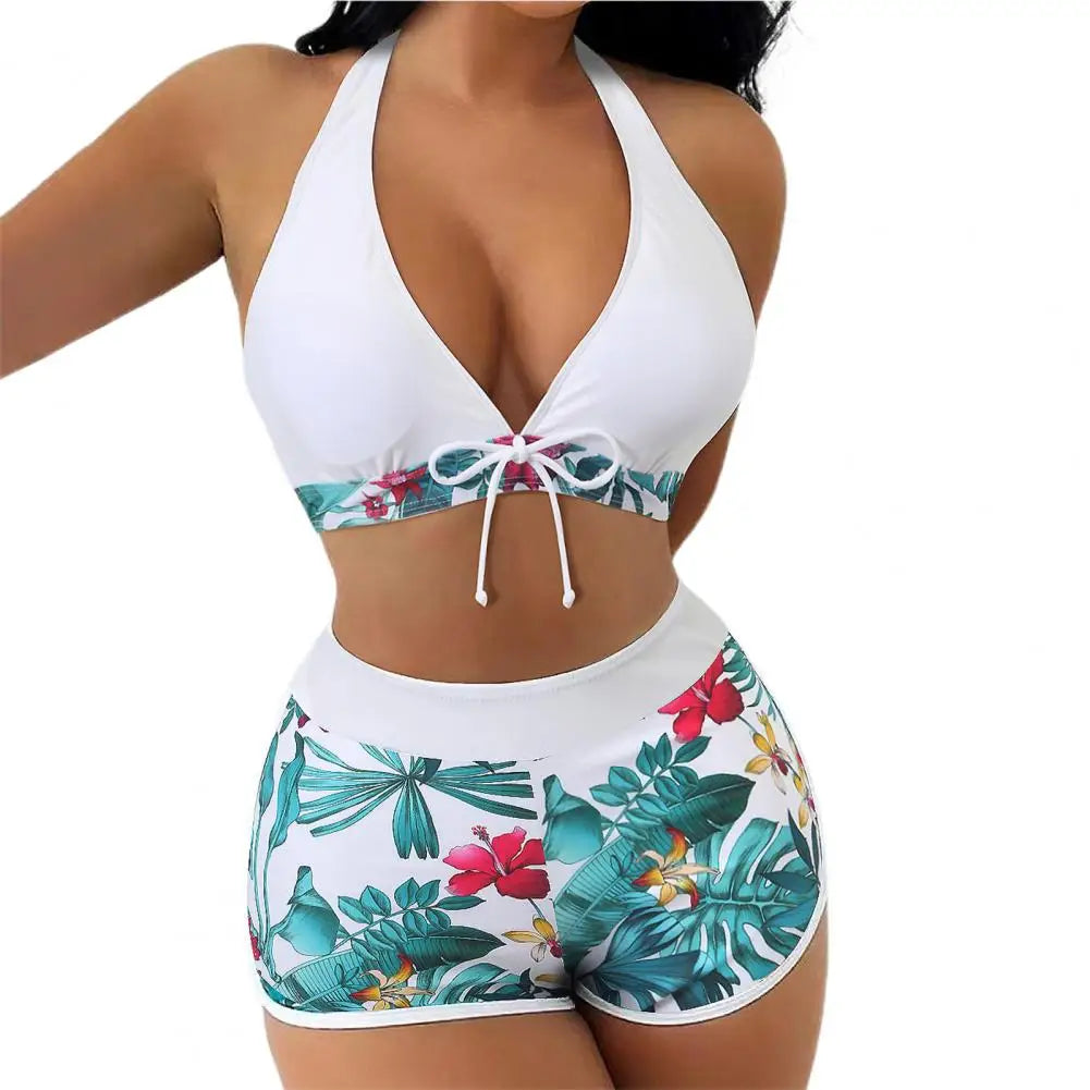 2 Pcs/Set Women Bra Shorts Set Backless Leaf Print Deep V Neck Drawstring Bathing Suit High Waist Padded Lady Swimwear