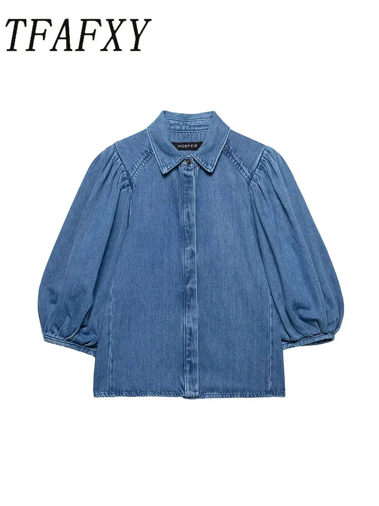 TFAFXY 2025 Spring Summer Casual Women's Denim Blouse Collar Single Breasted Loose Blouse New Fashion Shirts