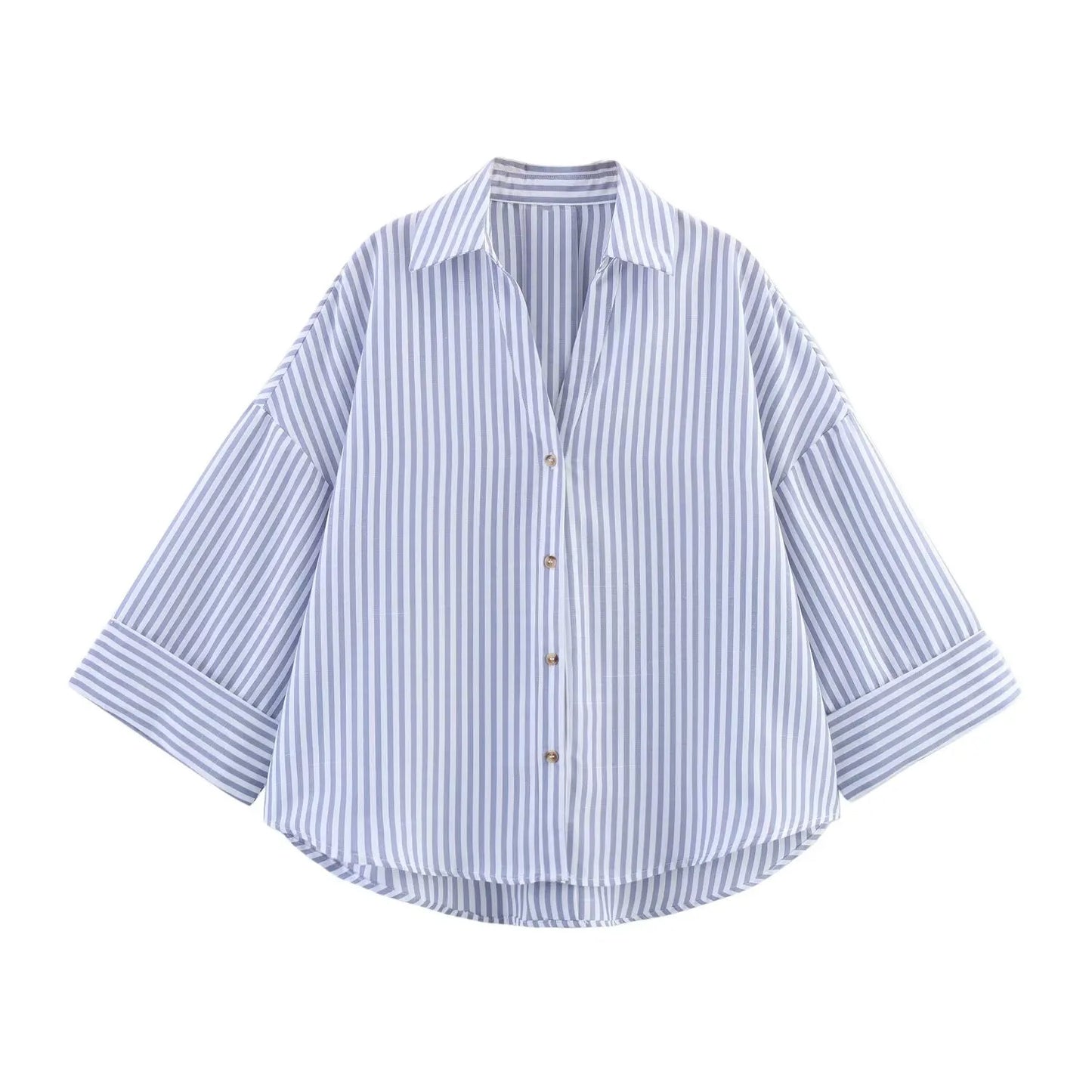PB&ZA2025 Summer New Women's Commuter Versatile Linen Blended Wide Sleeve Lapel Casual Striped Shirt