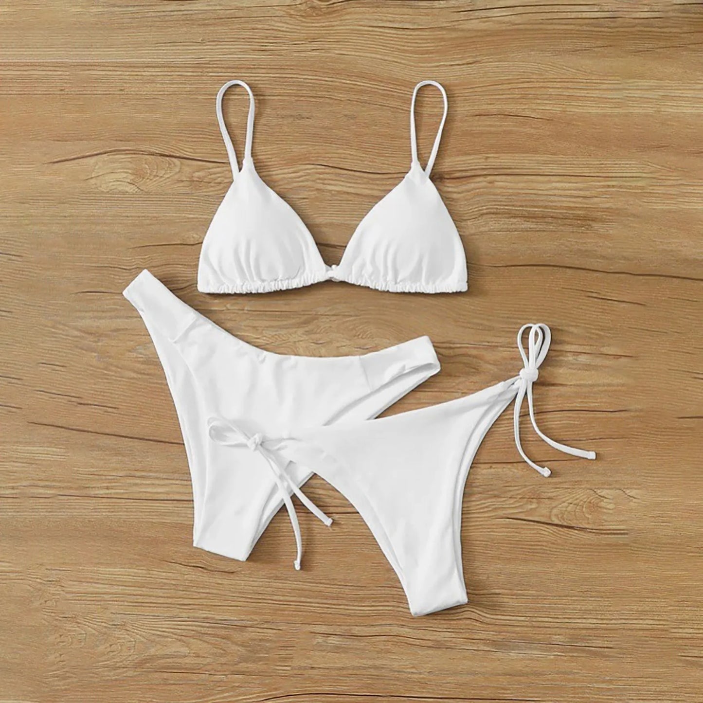 Women's Summer Fashion Sexy Basic Solid Color Backless Lace-up High Waist Adjust Buckle Sling Bikini Three-pieces Swimsuit