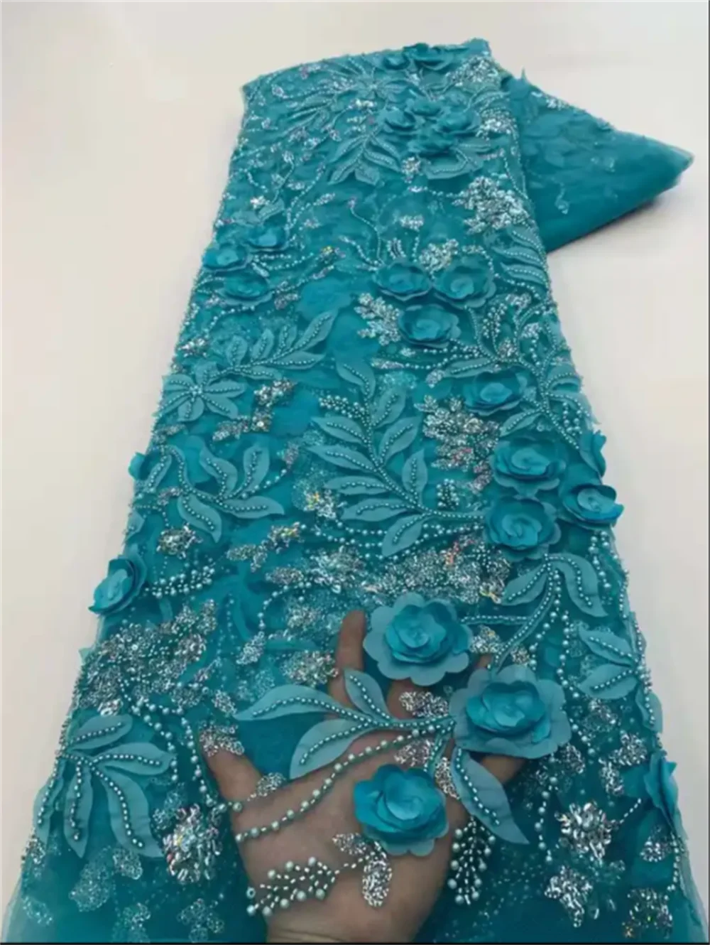 French African 3D Lace Fabric 2025 With Beaded High Quality Embroidery For Women Wedding Dress Nigerian Lace Mesh Fabric 5 Yards