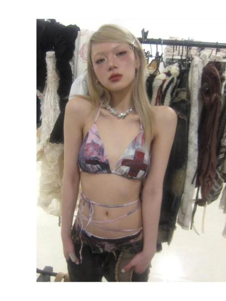 Japanese Subculture Y2K Harajuku Pattern Printed Women's Bikini Set Summer American Retro Sexy Strap Millennium Style Bikini emo