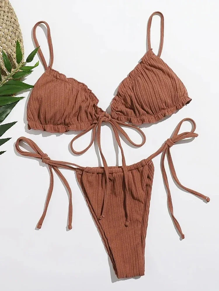 New 2025 Sexy Swimsuit Pit stripe Bikini Women Swimwear Bathing Suits Push Up Biquinis Bandage Beachwear Solid Bikini Sets