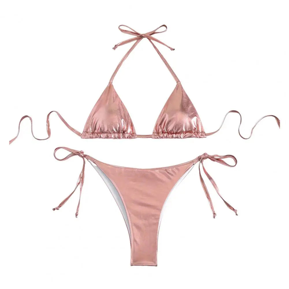 Solid Color Halter Neck Strap Thong Women Swimsuit Two Pieces Bikini Set Bronzing Surface Lace-up Briefs Beach Swimwear Swimsuit