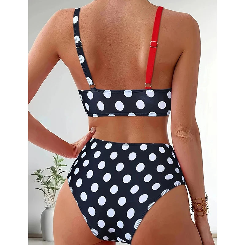Patchwork Polka Dot Printed Bathing Suit Women Irregular High Waist Bikini Set Summer 2025 New Fashion Beach Swimwear Two Piece
