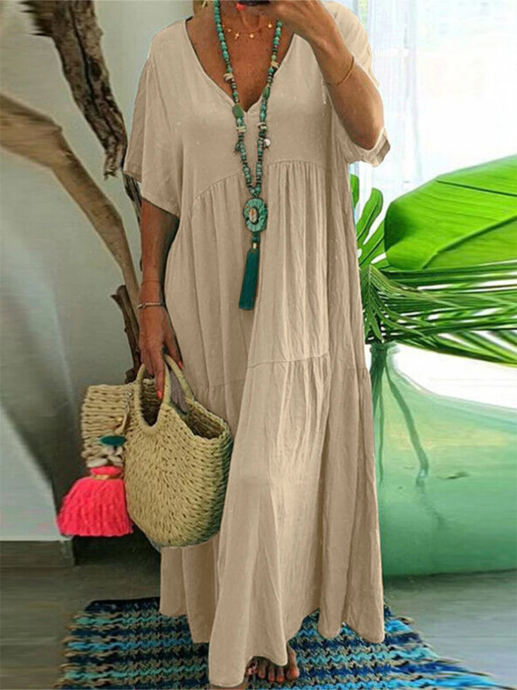 Plus Size Dress Women 2025 Summer V-Neck Short Sleeve Pleated Solid Color Casual Midi Dress Hem Loose Dress XL-5XL