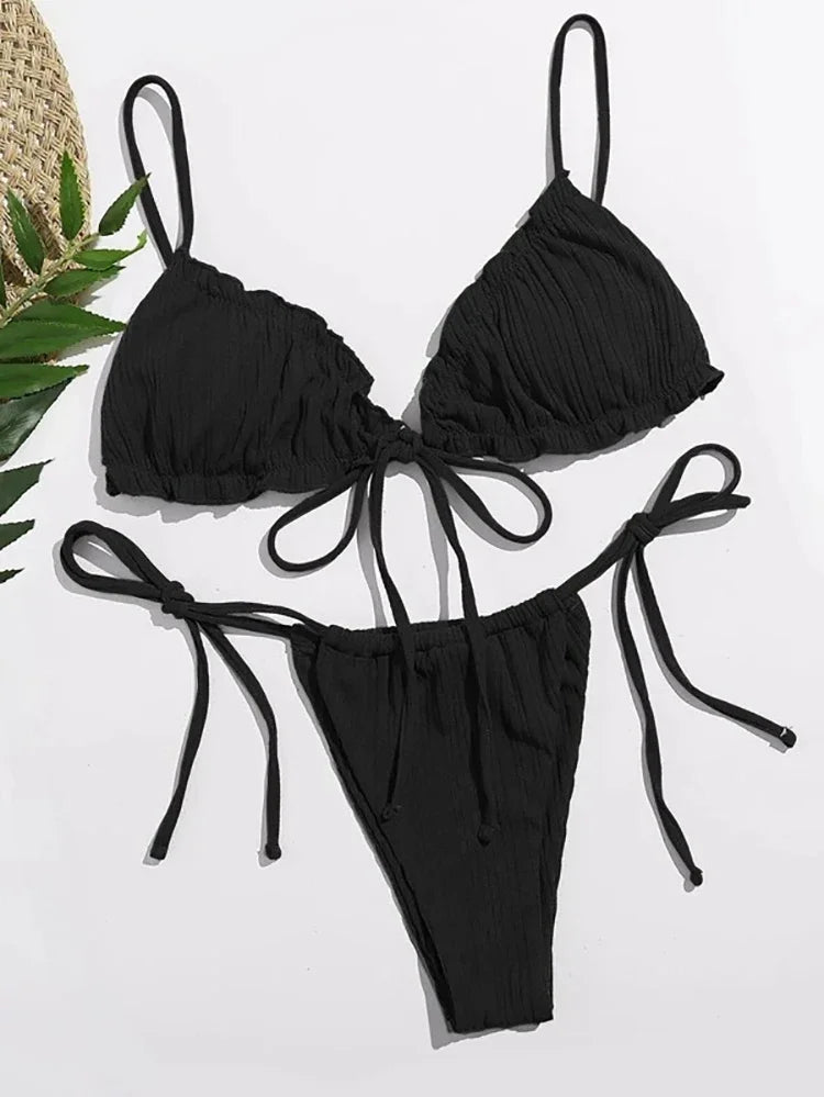 New 2025 Sexy Swimsuit Pit stripe Bikini Women Swimwear Bathing Suits Push Up Biquinis Bandage Beachwear Solid Bikini Sets