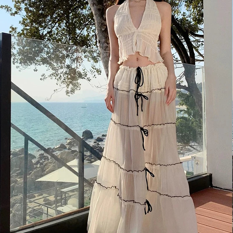 French Style Black Lace-up Bikini Set Halter Neck Crochet Cover Up Skirt Sexy Swimwear for Sanya Thailand Beach Vacation