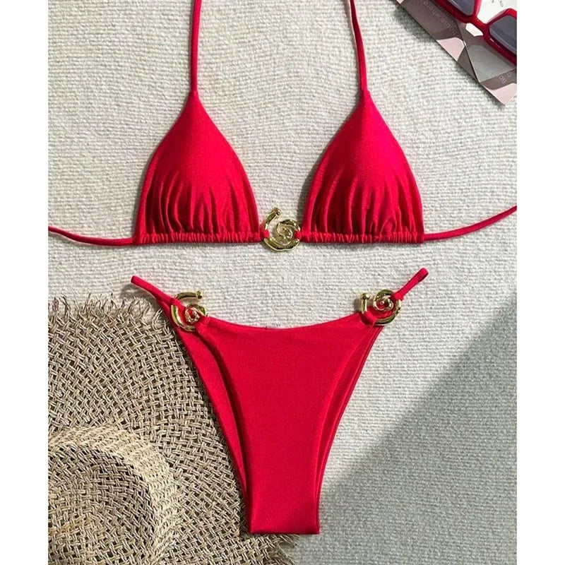 Metal Micro Bikini Swimwear Women Sexy Lace Up Triangle Halter High Cut Thong Bikini Set 2025 New Beach Bathing Suit 2 Piece Set
