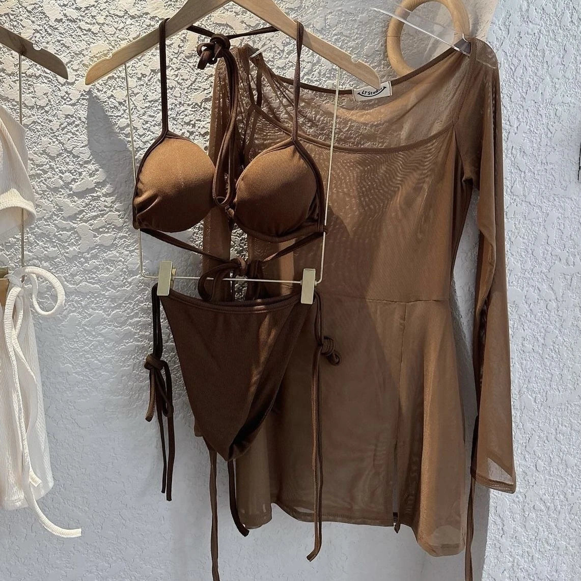 2024 New Sexy Hot Girl Long Sve Bikini Tee Piece Set Ele Square Collar Slit Net Wrap around Swimsuit Sport Fitn