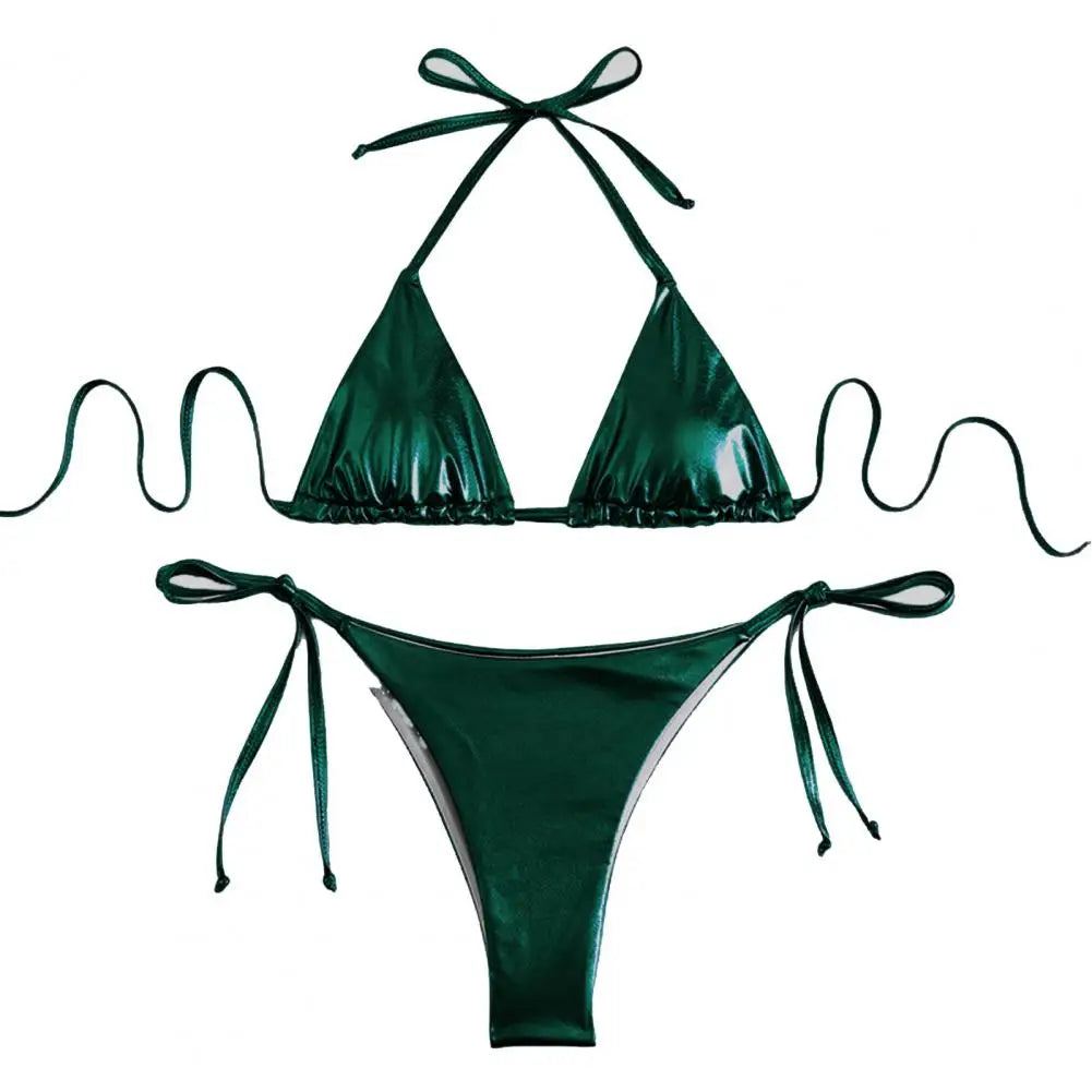 Solid Color Halter Neck Strap Thong Women Swimsuit Two Pieces Bikini Set Bronzing Surface Lace-up Briefs Beach Swimwear Swimsuit