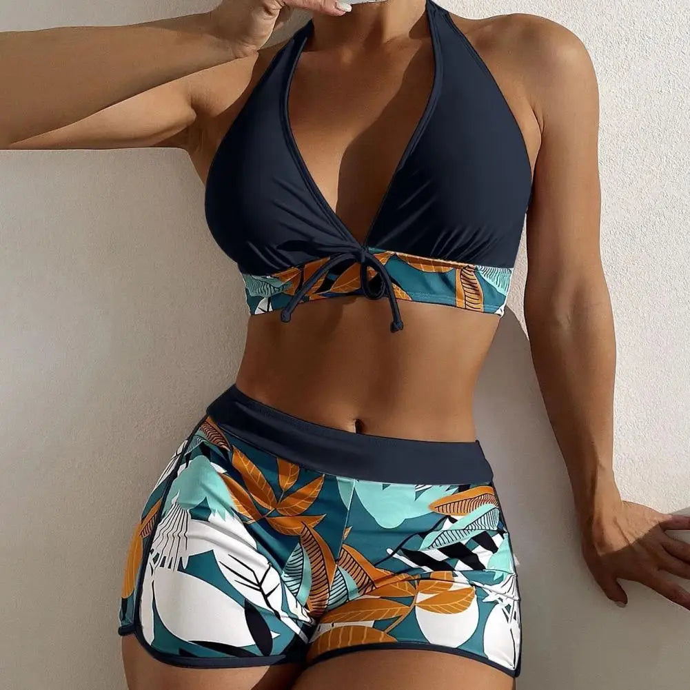 2 Pcs/Set Women Bra Shorts Set Backless Leaf Print Deep V Neck Drawstring Bathing Suit High Waist Padded Lady Swimwear