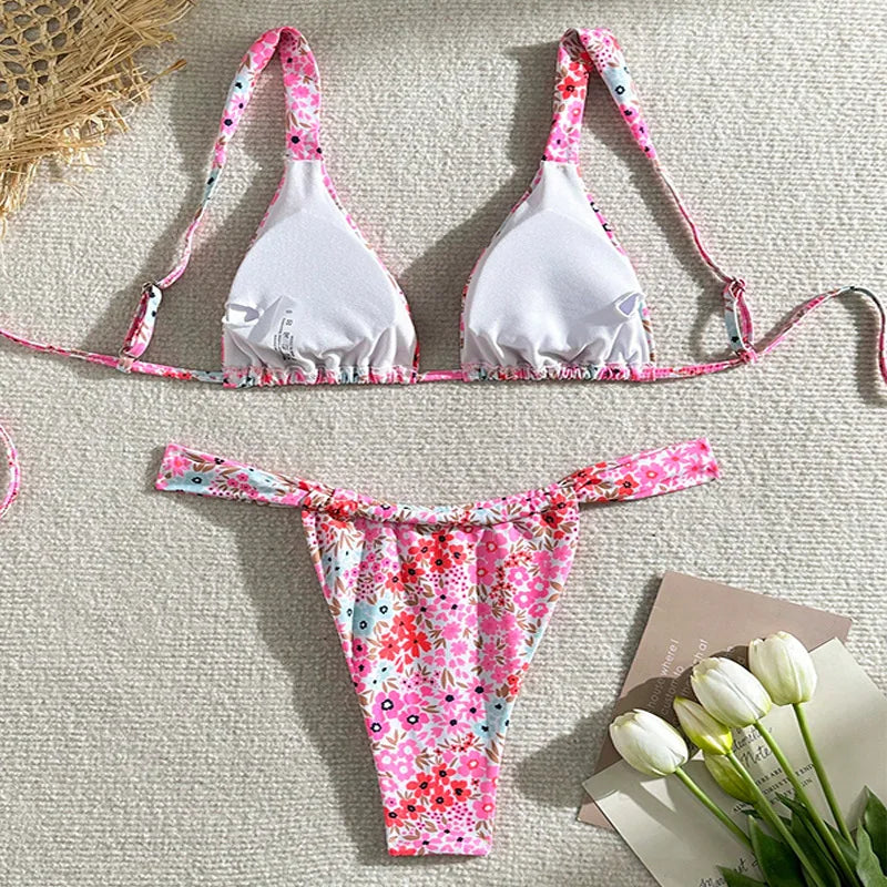 Sexy Pink Floral Print Bikini Set 2025 Women Halter Push Up Bra Pleate Thong Swimsuit Summer Bathing Suit Triangle Swimwear
