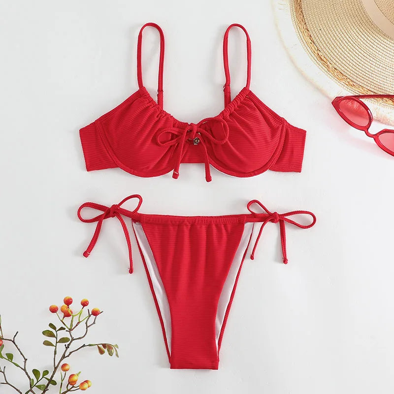 Sexy Bikini Set Women Bathing Suit Solid Pleated Lace Up Thong Split Micro Bikini Summer 2025 New Beach Wear Two Pieces Swimwear