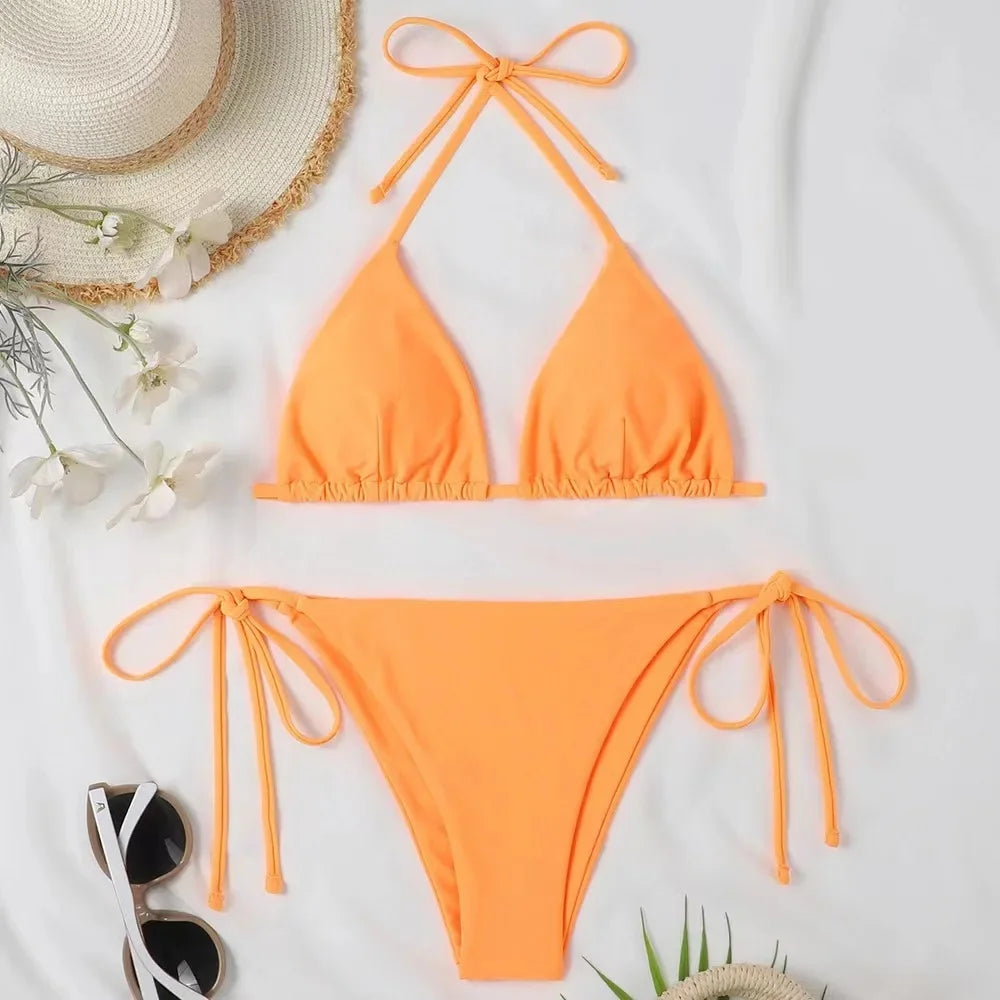 Sensual Pure Color Bikini Set Women's Two-Piece Swimsuit with Waist Belts Backless Slimming Cross-Border Swimwear
