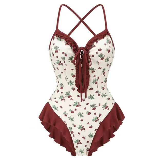 French Swimsuit Women's Bikini Beach Vacation Strawberry Print One-piece Sexy Backless Hot Spring Slim Suit Swimsuit Women