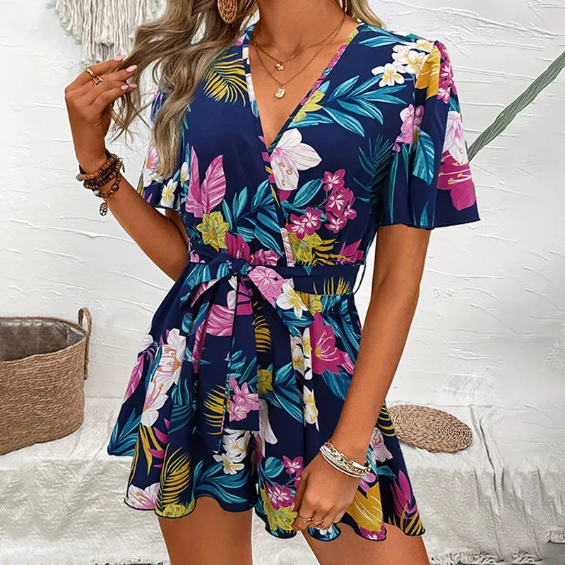 Bohemian Floral Print Short Jumpsuits For Women Summer Short Sleeve Wide Legs One Pieces Elegant 2024 Beach Wear Casual Outfit