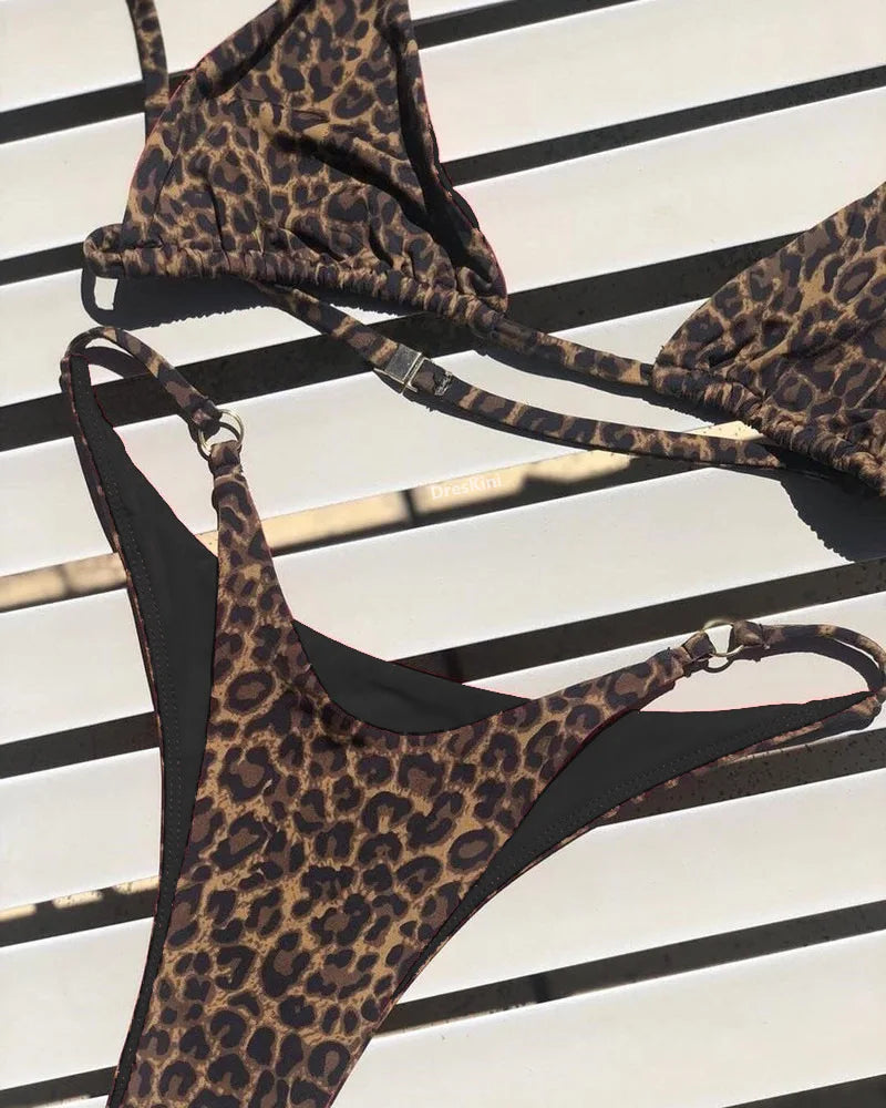 Sexy Leopard Bikini Suit Women Strap Push Up Swimsuit Three Points Bikini Set Low Waist Swimwear Women Summer Backless Beachwear