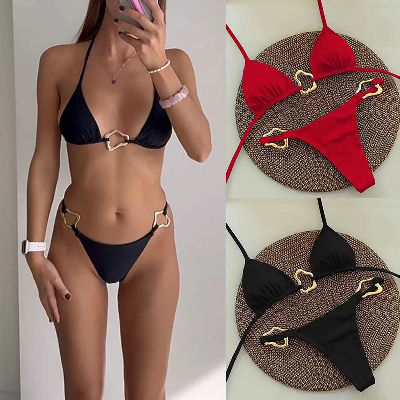 Sexy Solid Color Halter String Triangle Two Piece Bikini Trendy Metal Buckle Swimsuit For Women Summer Beach Lace-up Swimsuit